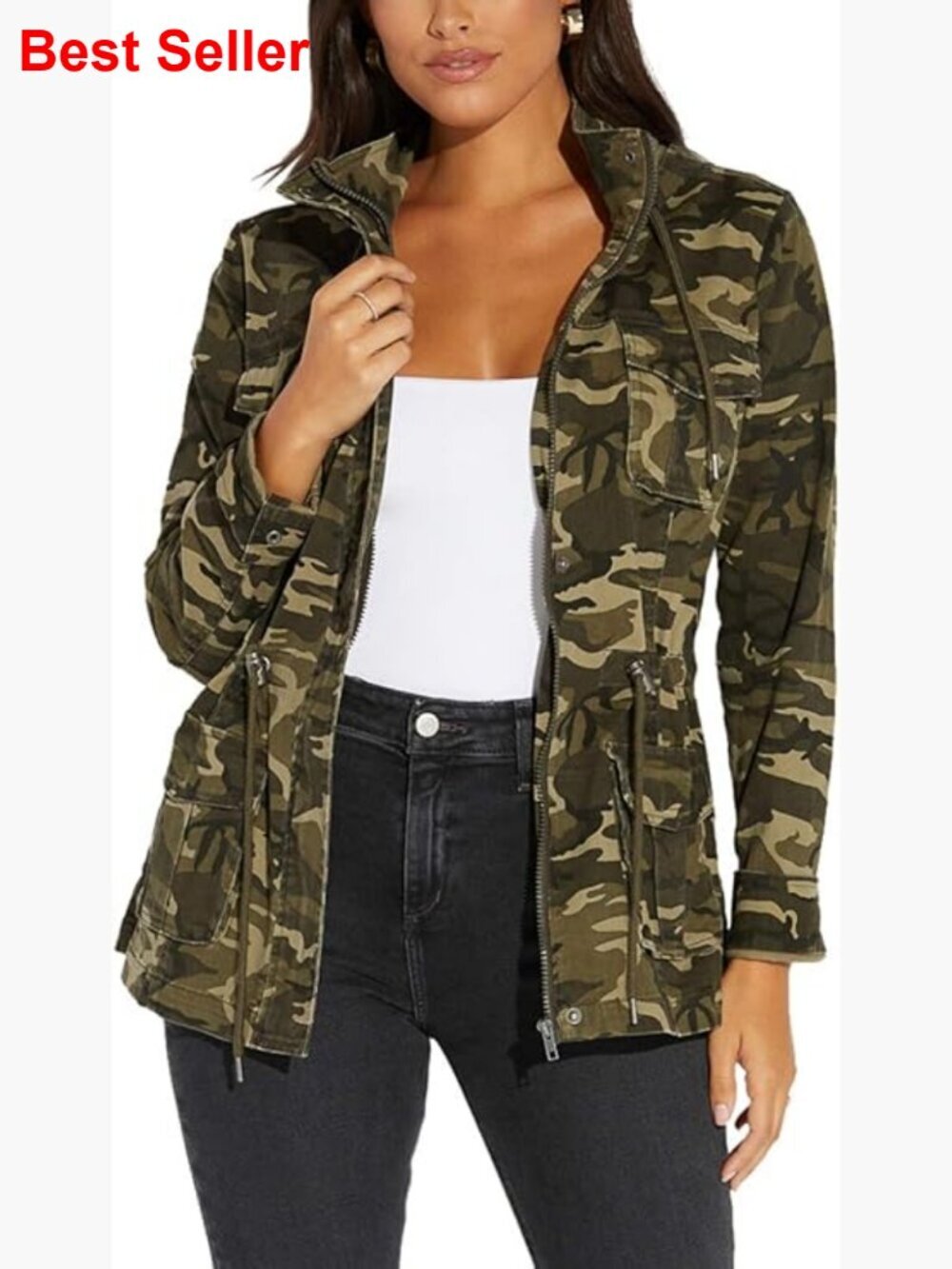 Women's Casual Canvas Shacket Jacket with Pockets Long Sleeve Zip Front